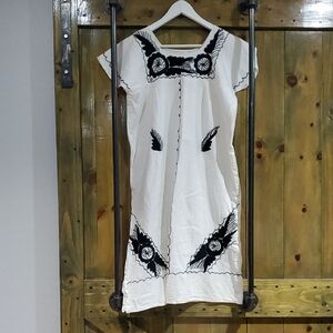 Vintage Black and White Floral Midi Dress Artisan Mexican